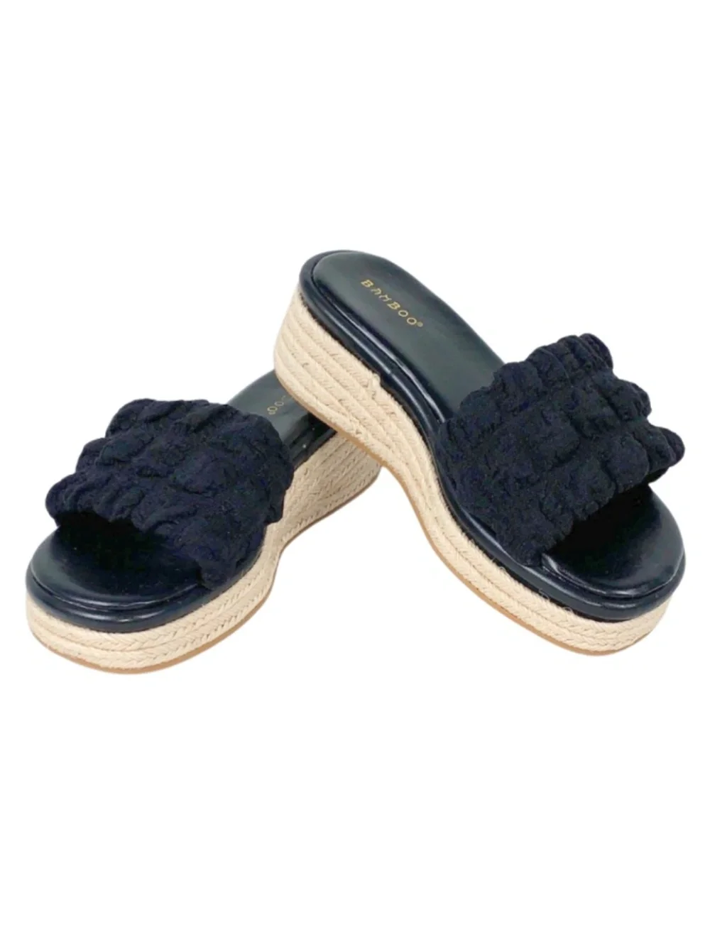 BAMBOO Black Scrunched Wedge Sandals Women's Size 8.5 Boho